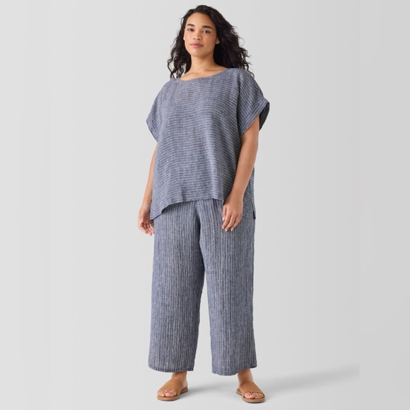 Eileen Fisher Puckered Organic Linen Ballet Neck Top Plus Size 2X Short Sleeve - Picture 1 of 11
